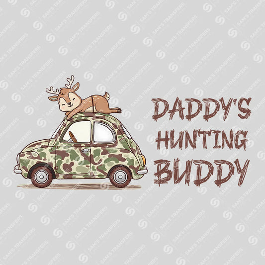 Apparel featuring a Daddy's Hunting Buddy Camo Car-themed DTF transfer.