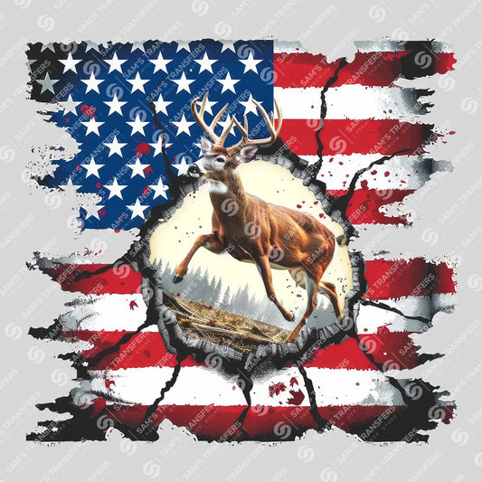 Apparel featuring a Patriotic Deer Flag Burst-themed DTF transfer.