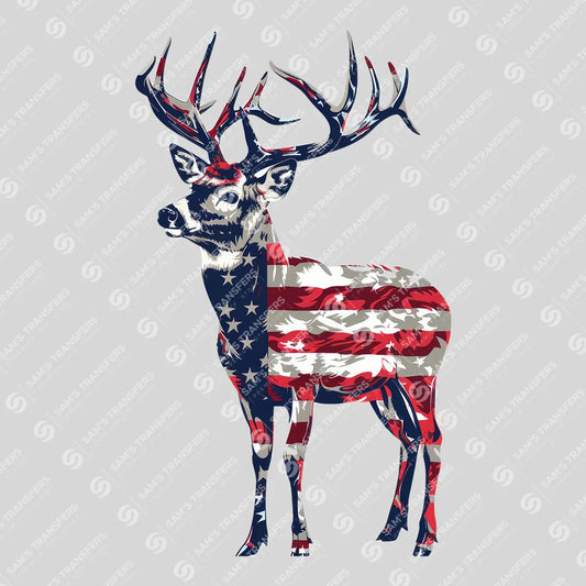 Apparel featuring a American Flag Deer-themed DTF transfer.