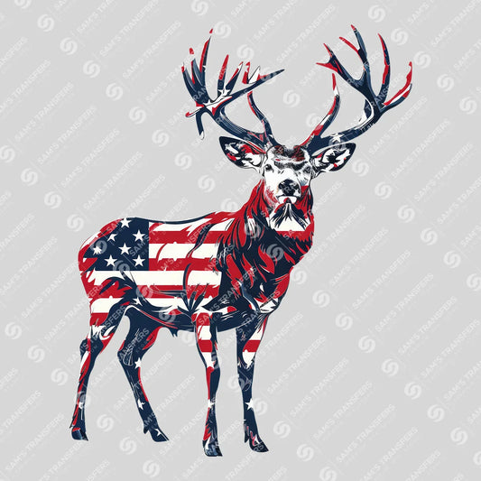 Apparel featuring a American Flag Deer Buck-themed DTF transfer.