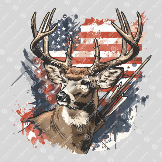 Apparel featuring a Patriotic Deer Hunt-themed DTF transfer.