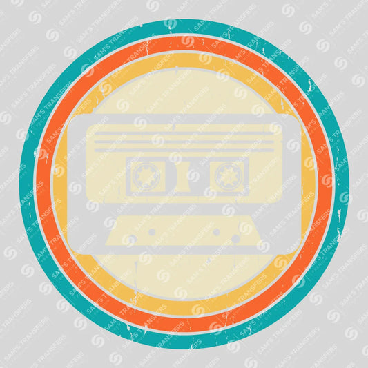 Apparel featuring a Retro Cassette Badge-themed DTF transfer.