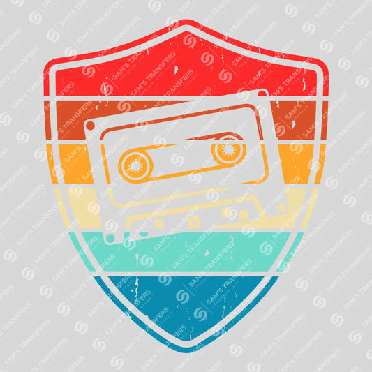 Apparel featuring a Retro Cassette Shield-themed DTF transfer.