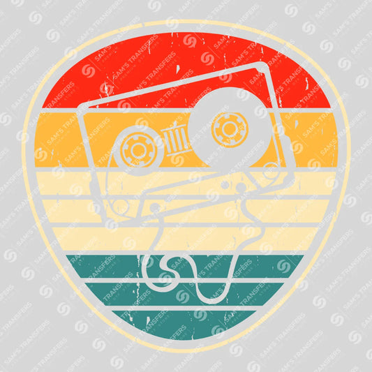 Apparel featuring a Retro Cassette Sunset Badge-themed DTF transfer.