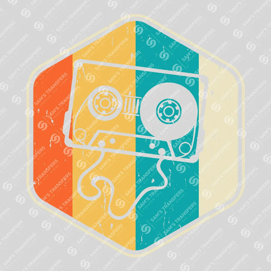 Apparel featuring a Retro Cassette Hexagon Sunset-themed DTF transfer.
