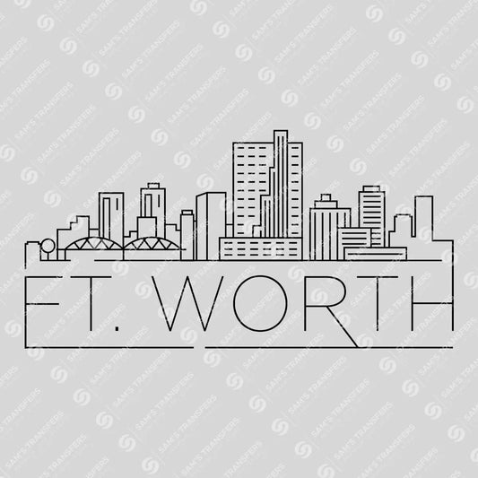 Apparel featuring a Fort Worth Skyline-themed DTF transfer.