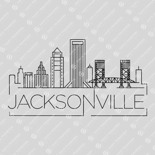Apparel featuring a Jacksonville Skyline-themed DTF transfer.