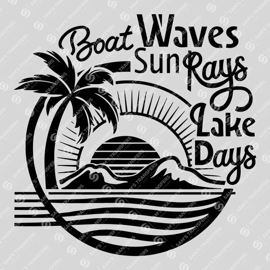 Apparel featuring a Boat Waves Sun Rays Lake Days-themed DTF transfer.