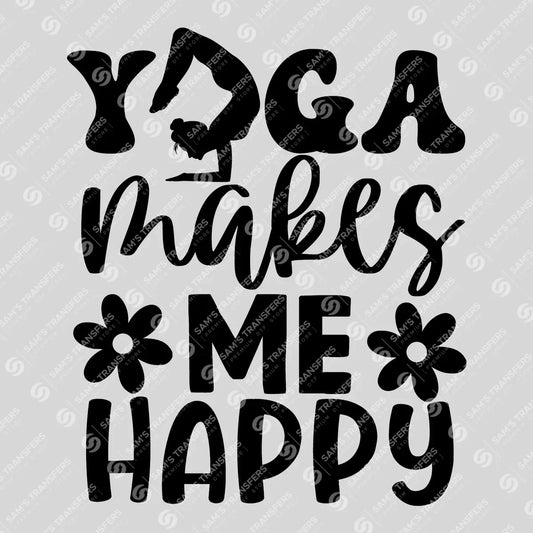 Apparel featuring a Yoga Makes Me Happy-themed DTF transfer.