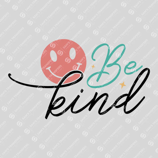 Apparel featuring a Be Kind Smiley-themed DTF transfer.