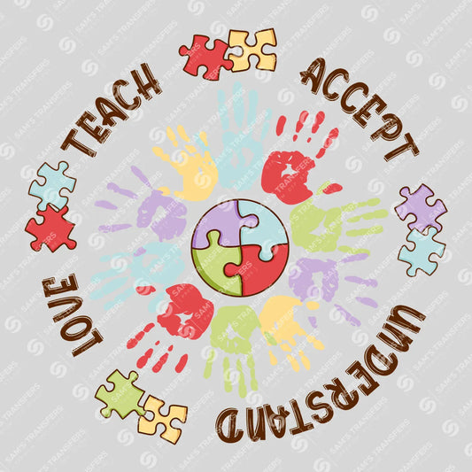 Apparel featuring a Teach Accept Understand Love-themed DTF transfer.