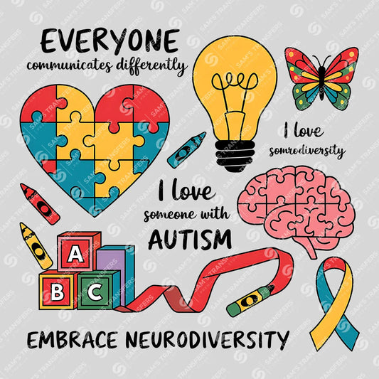 Apparel featuring a Embrace Neurodiversity-themed DTF transfer.