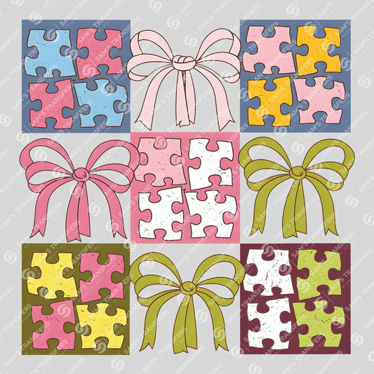 Apparel featuring a Autism Puzzle Bows Grid-themed DTF transfer.