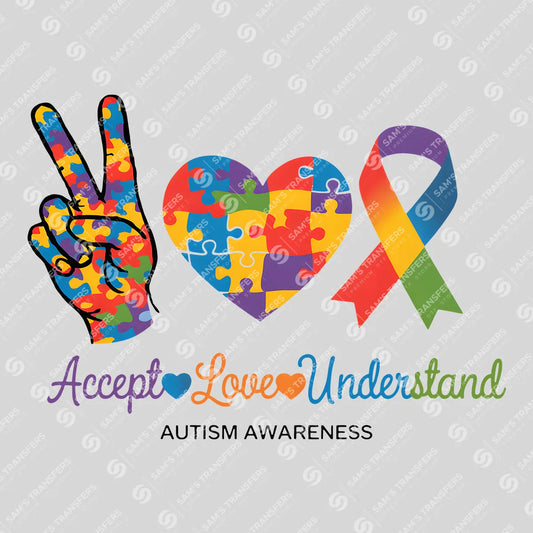 Apparel featuring a Accept Love Understand Autism Awareness-themed DTF transfer.
