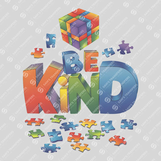 Apparel featuring a Be Kind Puzzle Pieces-themed DTF transfer.