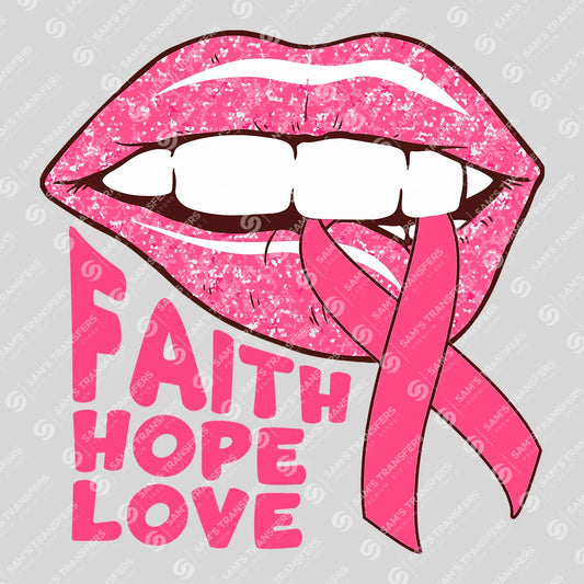 Apparel featuring a Faith Hope Love Lips-themed DTF transfer.