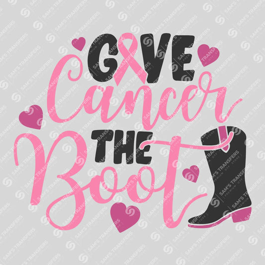 Apparel featuring a Give Cancer The Boot Cowboy-themed DTF transfer.