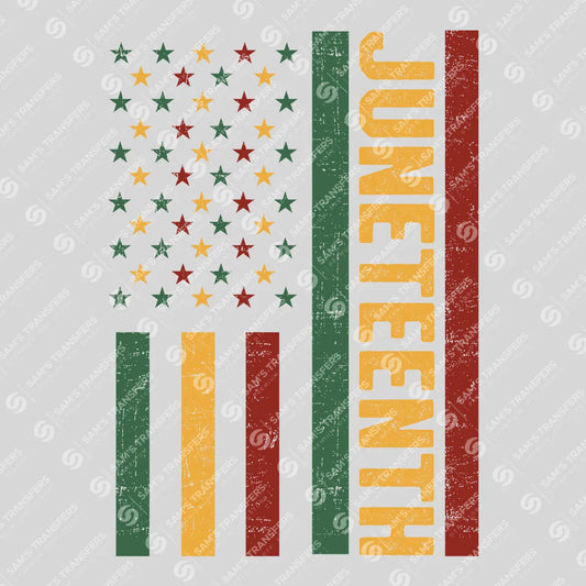 Apparel featuring a Juneteenth Flag-themed DTF transfer.