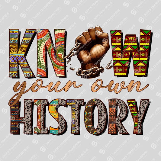 Apparel featuring a Know Your Own History-themed DTF transfer.