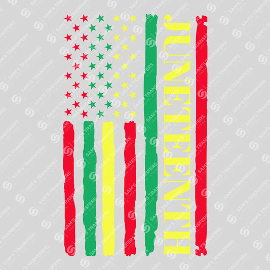 Apparel featuring a Juneteenth American Flag-themed DTF transfer.
