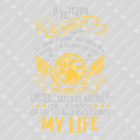 Apparel featuring a A Veteran Wrote A Blank Check-themed DTF transfer.