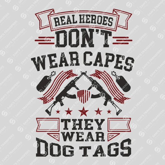 Apparel featuring a Real Heroes Wear Dog Tags-themed DTF transfer.