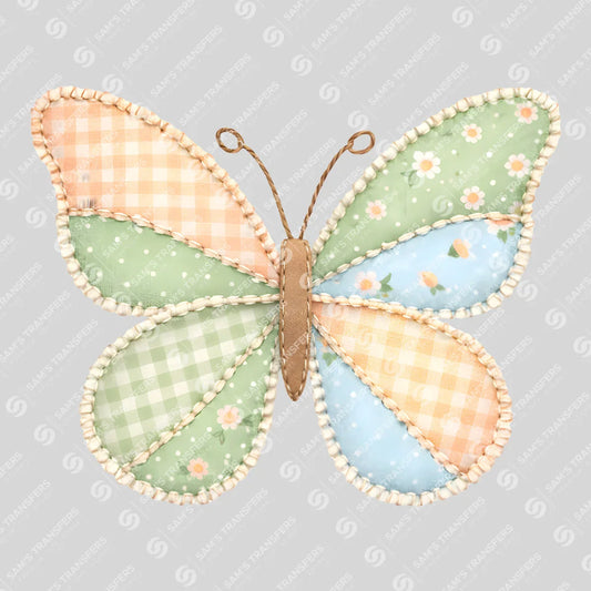 Apparel featuring a Patchwork Gingham Butterfly-themed DTF transfer.