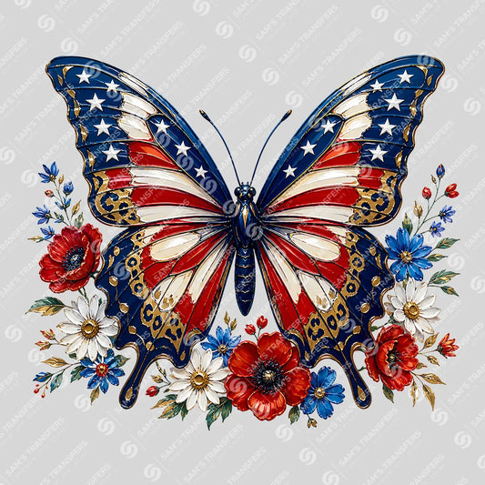 Apparel featuring a Patriotic Floral Butterfly-themed DTF transfer.