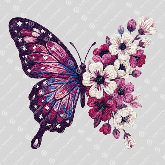 Apparel featuring a Floral Butterfly Embroidery-themed DTF transfer.