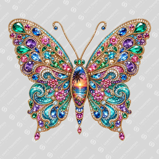 Apparel featuring a Jeweled Sunset Butterfly-themed DTF transfer.