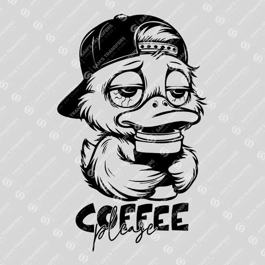 Apparel featuring a Coffee Please-themed DTF transfer.