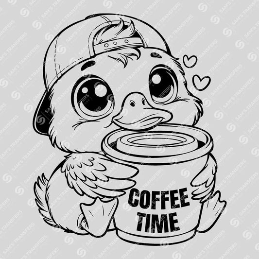 Apparel featuring a Coffee Time-themed DTF transfer.