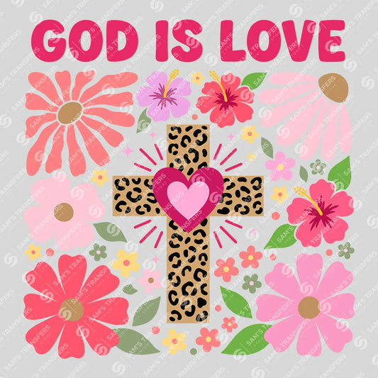 Apparel featuring a God Is Love-themed DTF transfer.