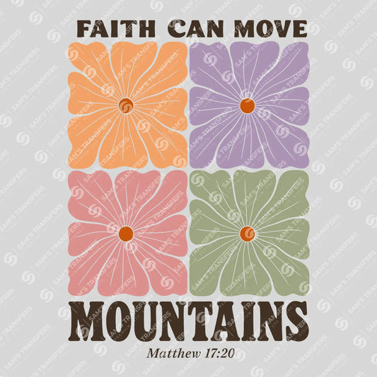 Apparel featuring a Faith Can Move Mountains-themed DTF transfer.