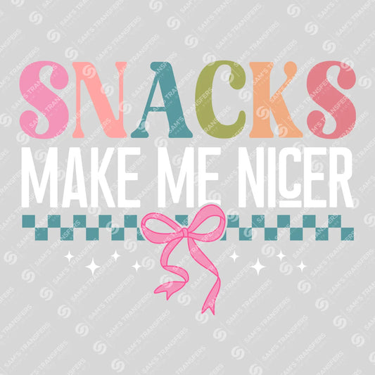 Apparel featuring a Snacks Make Me Nicer-themed DTF transfer.