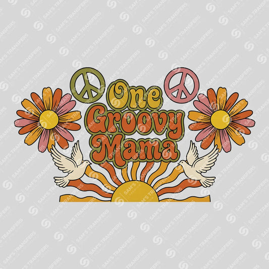 Apparel featuring a One Groovy Mama-themed DTF transfer.