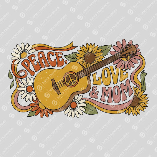 Apparel featuring a Peace Love And Mom-themed DTF transfer.