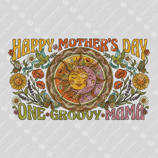 Apparel featuring a Happy Mother's Day One Groovy Mama-themed DTF transfer.