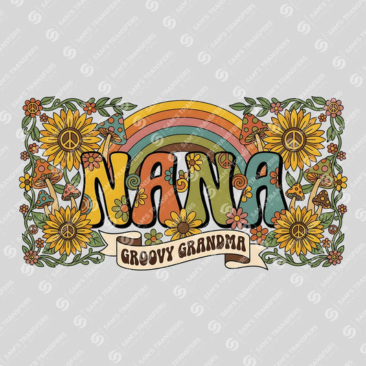 Apparel featuring a Nana The Groovy Grandma-themed DTF transfer.