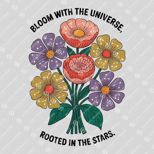 Apparel featuring a Bloom With The Universe Rooted In The Stars-themed DTF transfer.