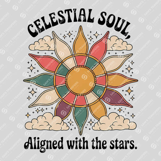 Apparel featuring a Celestial Soul Aligned With The Stars-themed DTF transfer.