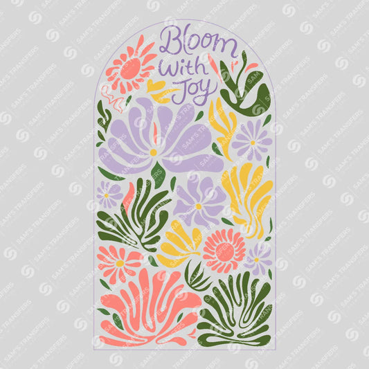 Apparel featuring a Bloom With Joy-themed DTF transfer.