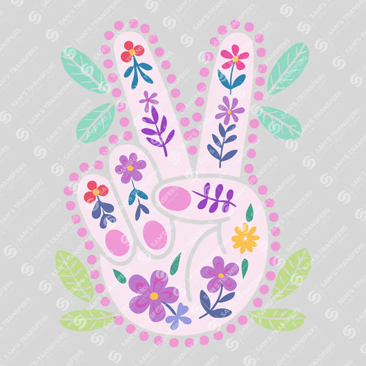 Apparel featuring a Floral Peace Sign-themed DTF transfer.