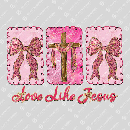 Apparel featuring a Love Like Jesus-themed DTF transfer.