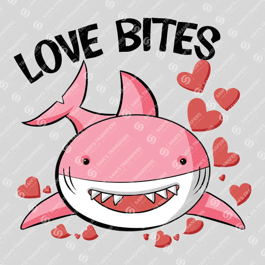 Apparel featuring a Love Bites-themed DTF transfer.