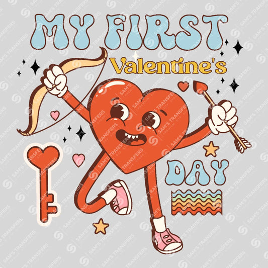 Apparel featuring a My First Valentines Day-themed DTF transfer.