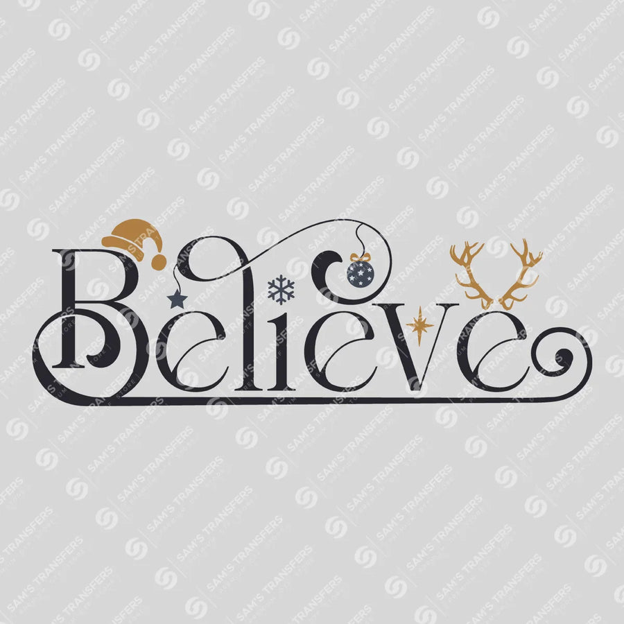 Believe – Gold & Black Minimal Christmas Script DTF Transfer