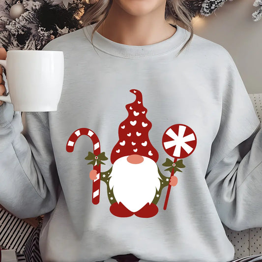 Gray sweatshirt with colorful DTF design of a Christmas gnome holding a candy cane and peppermint lollipop, festive holiday graphic.