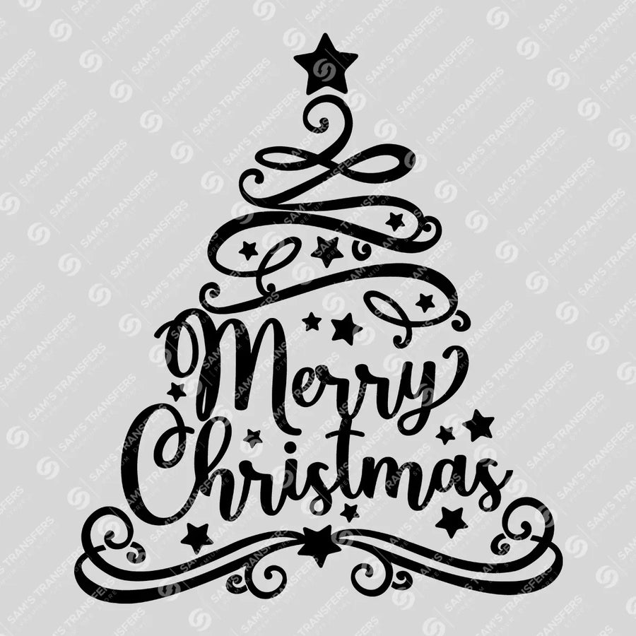 Merry Christmas Tree DTF Transfer – Elegant Swirl Script Design