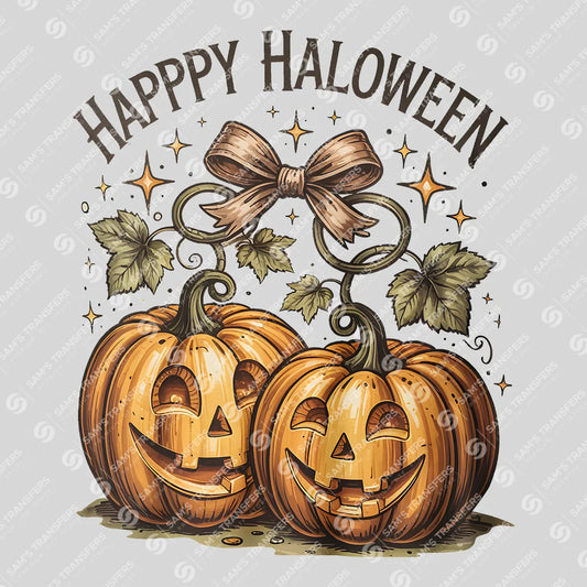 Happy Halloween Pumpkins DTF Transfer – Vintage Jack-O’-Lanterns with Bow